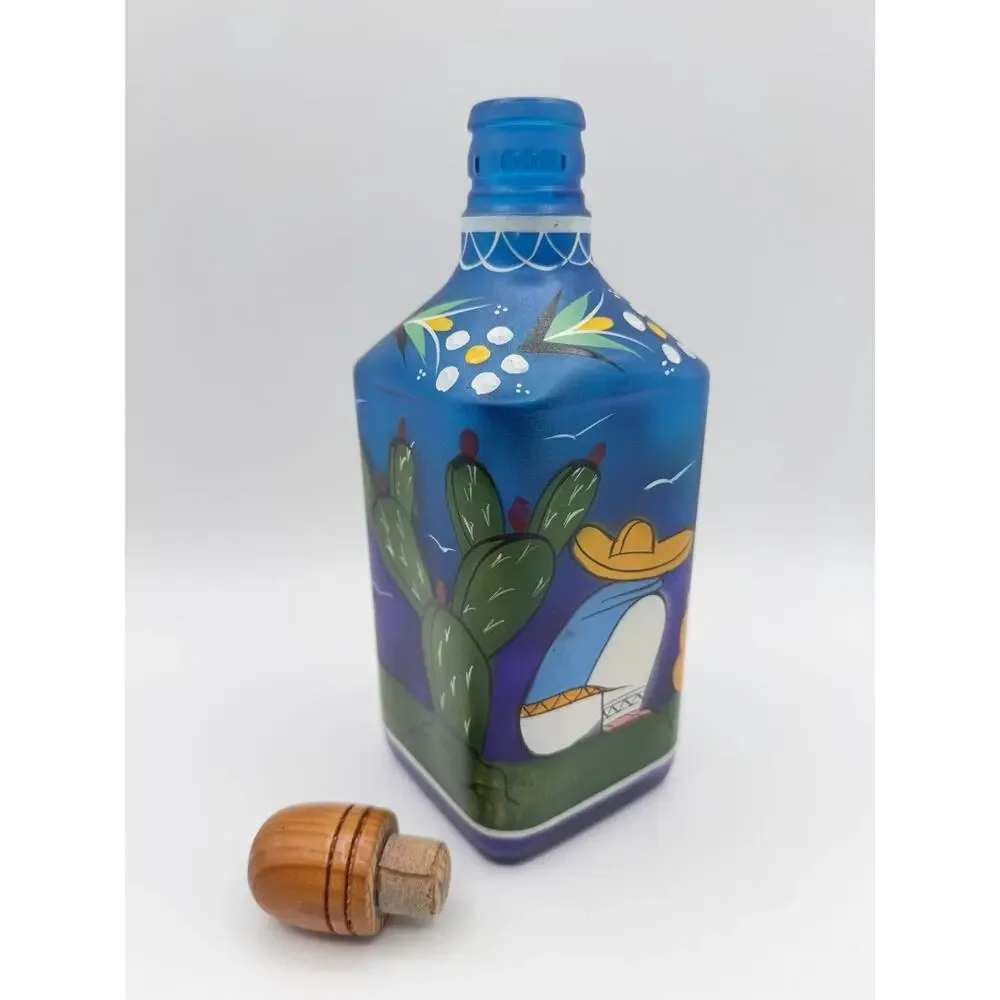Blue Frosted Glass Siesta Sleeping Man Bottle 10” Hand Painted Bar Decor Mexico